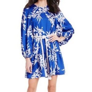 Alexis X Target Blue and White Floral Long Sleeve Mini Dress With Rope Belt